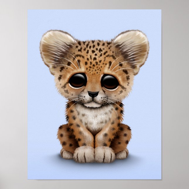 Cute Baby Leopard Cub on Light Blue Poster (Front)