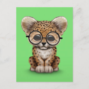 Cute Baby Leopard Cub Wearing Glasses on Green Postcard