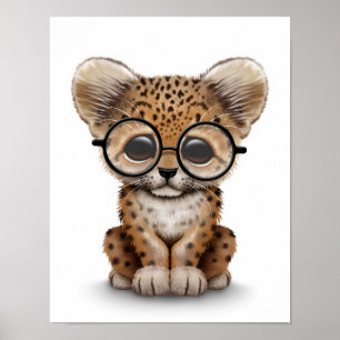 Cute Baby Leopard Cub Wearing Glasses on White Poster