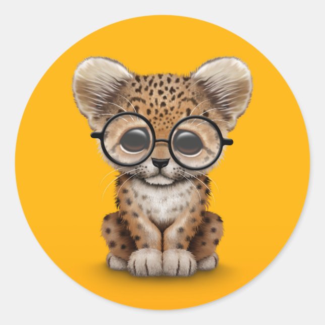 Cute Baby Leopard Cub Wearing Glasses on Yellow Classic Round Sticker (Front)