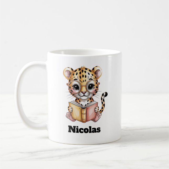 Cute Baby Leopard Reading a Book Custom Coffee Mug (Left)