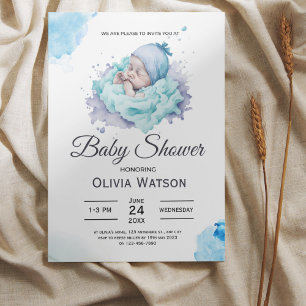 Cute baby light blue and white baby shower invitation