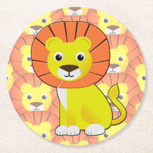 Cute Baby Lion All Over Print Pattern Round Paper Coaster