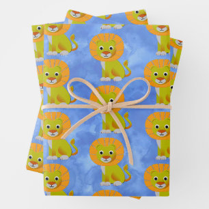 Cute Baby Lion All Over Vintage Print Pattern Blue Wrapping Paper Sheet