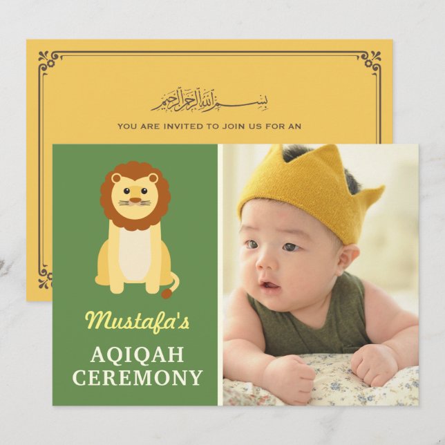 Cute Baby Lion Aqiqah Photo Invitation (Front/Back)