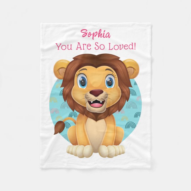 Cute Baby Lion Art, Child's Name & Message Fleece Blanket (Front)