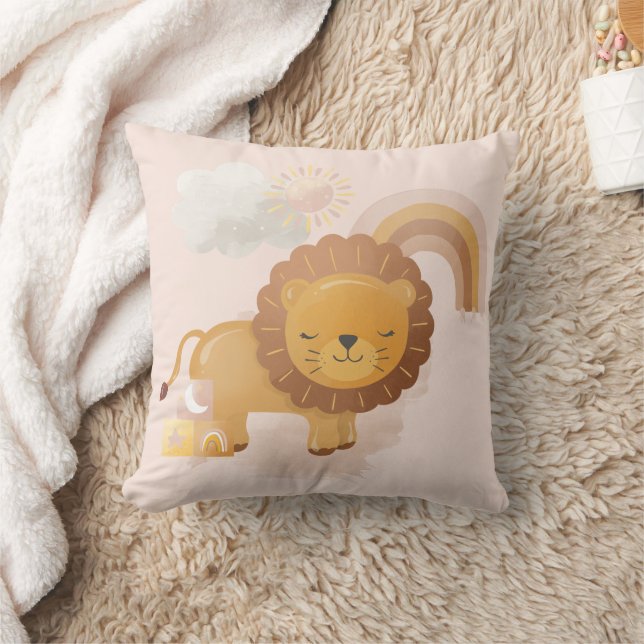 Cute Baby Lion Cub & Boho Rainbow on Pink Cushion (Blanket)