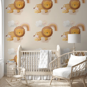 Cute Baby Lion Cub & Boho Rainbow on Soft Beige Wallpaper