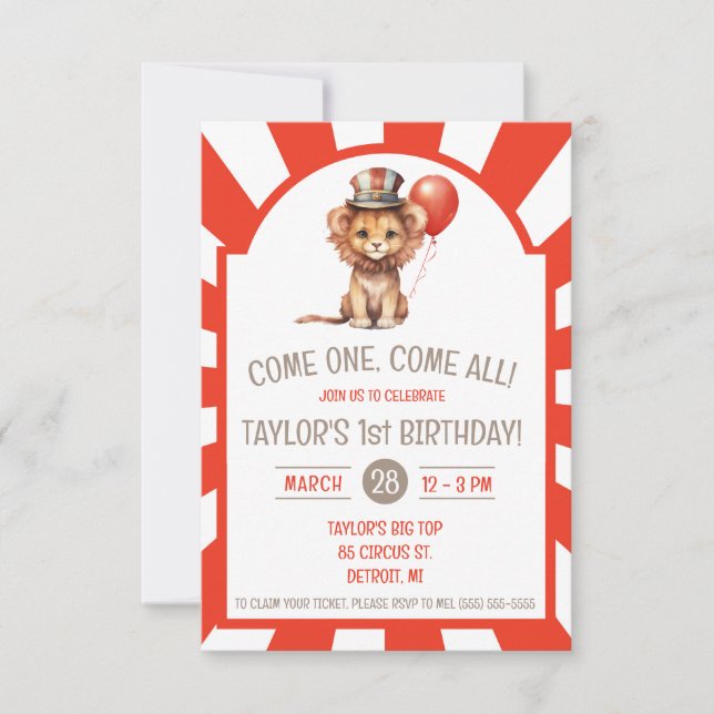 Cute Baby Lion Cub, Circus Birthday Party Invitation (Front)