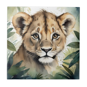Cute Baby Lion Face Portrait in Jungle Minimalist Tile