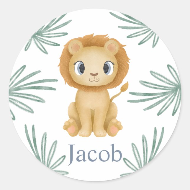 Cute baby lion (leo horoscope sign) custom name classic round sticker (Front)