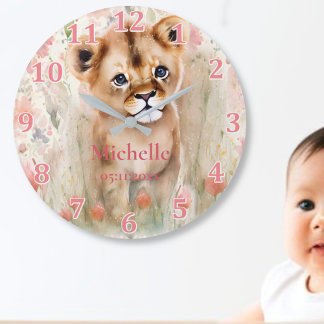Cute Baby Lion Pastel Watercolor Spring Flowers La Large Clock