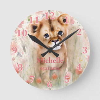 Cute Baby Lion Pastel Watercolor Spring Flowers La Round Clock