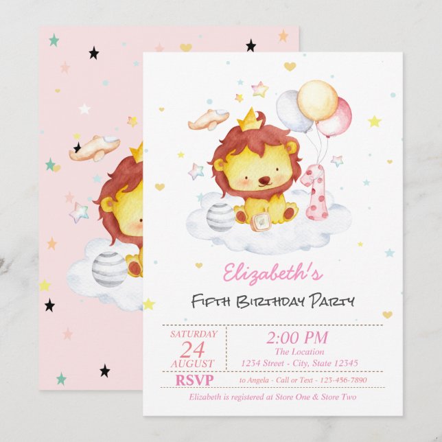 Cute Baby Lion Stars Birthday Invitation (Front/Back)
