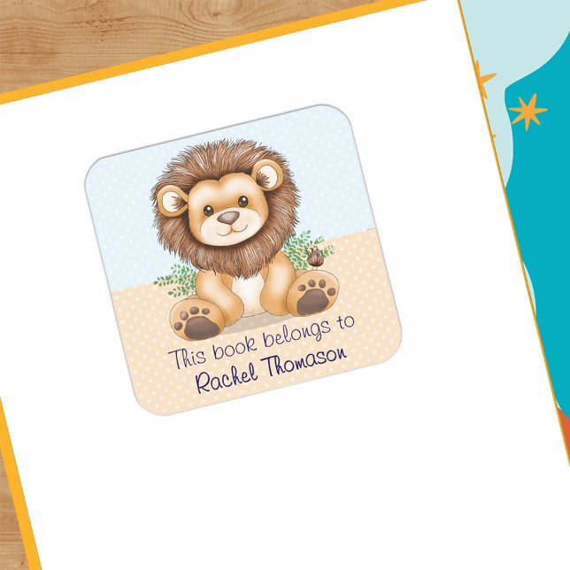 Cute Baby Lion This Book Belongs To Personalised Square Sticker (Cute Baby Lion This Book Belongs To Personalized Square Sticker)