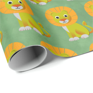 Cute Baby Lion Vintage Print Pattern Green Wrapping Paper