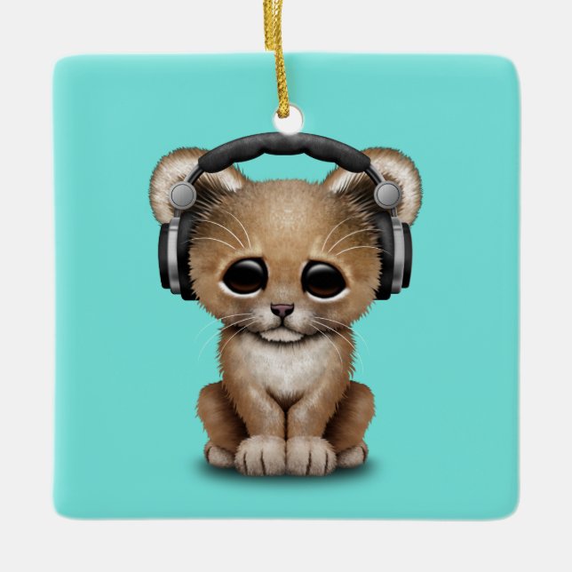 Cute Baby Lion Wearing Headphones Ceramic Tree Decoration (Front)