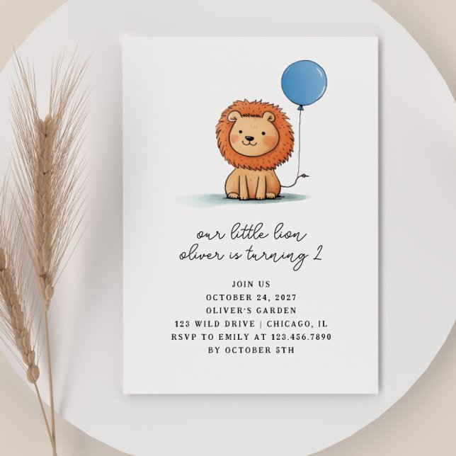 Cute Baby Lion with Blue Balloon Kids Birthday Invitation (Creator Uploaded)