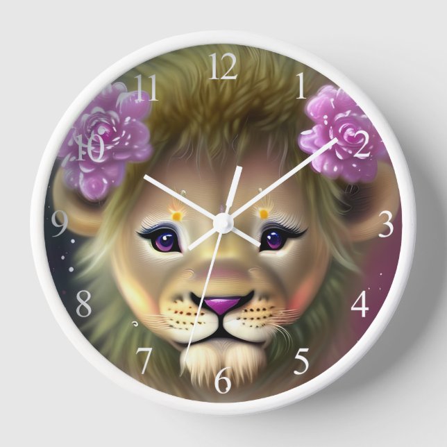 Cute Baby Lion with Pink Flowers Graphic  Clock (Front)