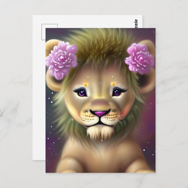 Cute Baby Lion with Pink Flowers Graphic Postcard (Front/Back)
