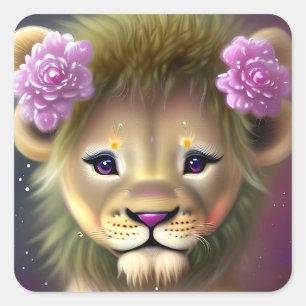 Cute Baby Lion with Pink Flowers Graphic Square Sticker