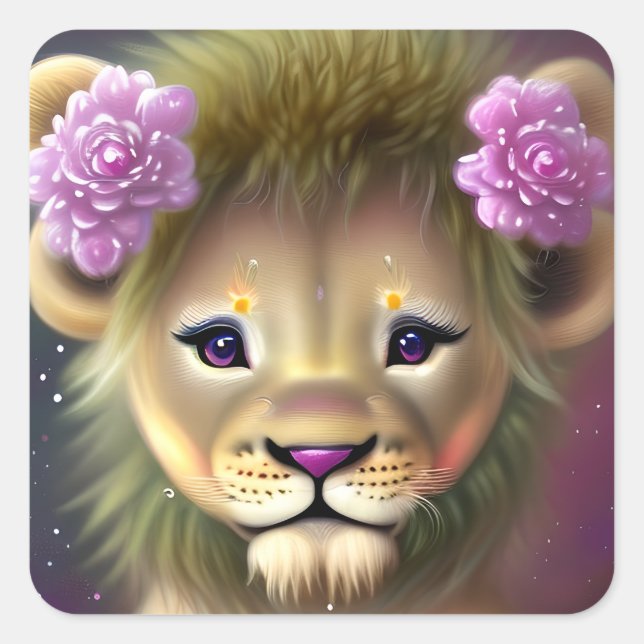 Cute Baby Lion with Pink Flowers Graphic  Square Sticker (Front)