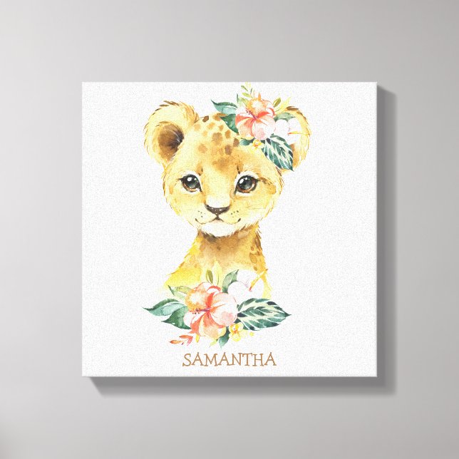 Cute baby lion with tropical flowers personalised canvas print (Front)