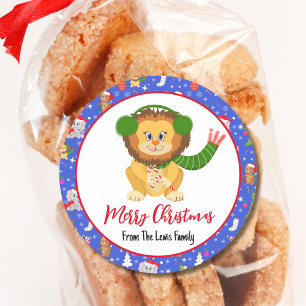Cute Baby Lion With Zoo Merry Christmas  Classic Round Sticker