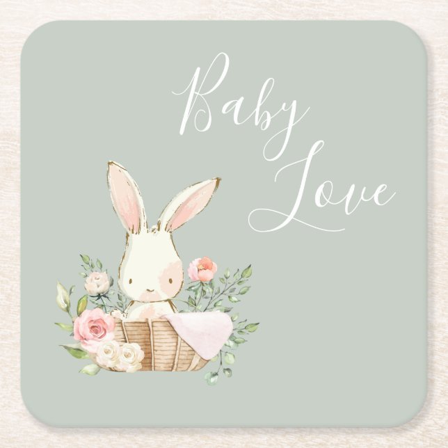 Cute Baby Love Bunny Rabbit Baby Shower Square Paper Coaster (Front)