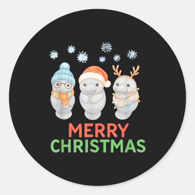 Cute Baby Manatee Santa Reindeer Christmas Manatee Classic Round Sticker (Front)