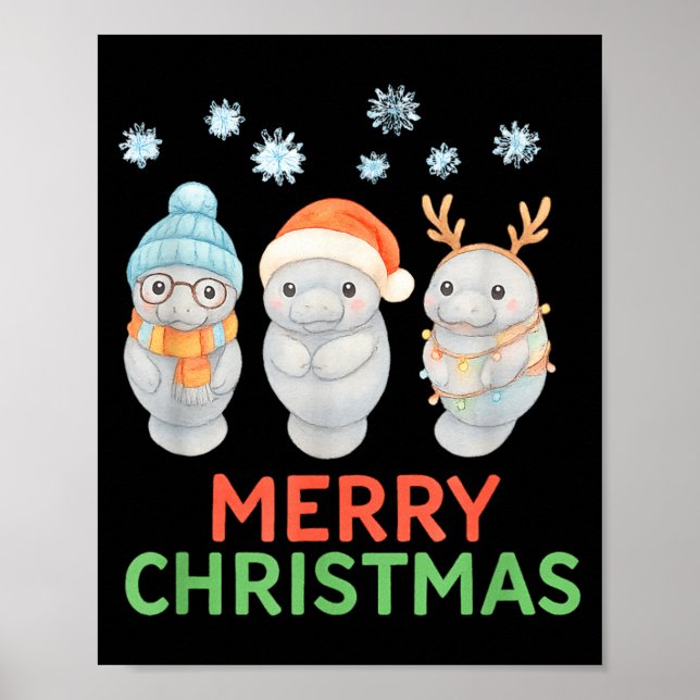 Cute Baby Manatee Santa Reindeer Christmas Manatee Poster (Front)