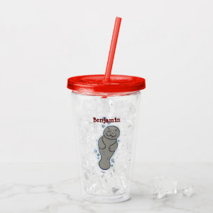 Cute baby manatee with bubbles illustration acrylic tumbler
