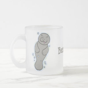 Cute baby manatee with bubbles illustration frosted glass coffee mug
