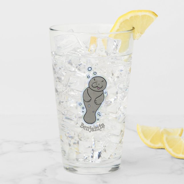 Cute baby manatee with bubbles illustration glass (Back Ice)