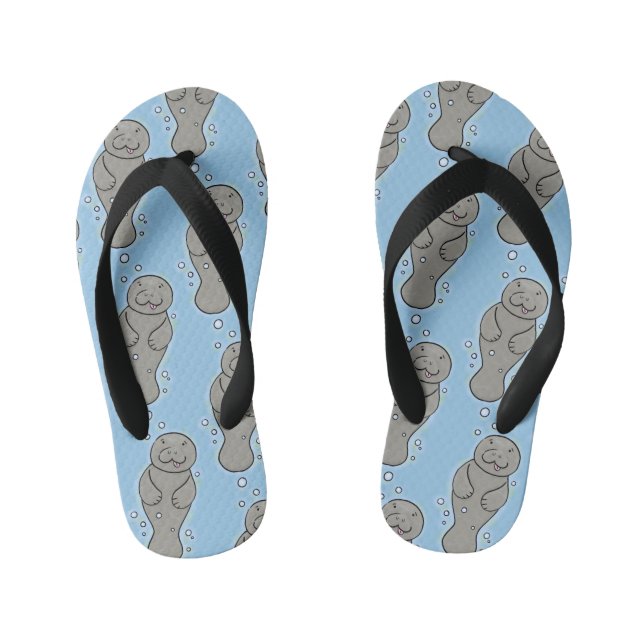 Cute baby manatee with bubbles illustration kid's flip flops (Footbed)