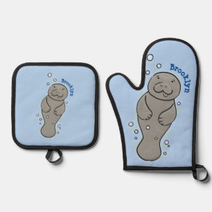 Cute baby manatee with bubbles illustration oven mitt & pot holder set