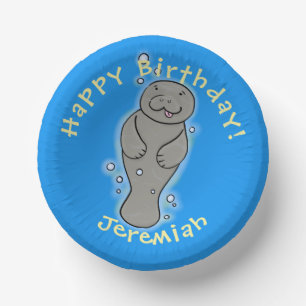 Cute baby manatee with bubbles illustration paper plate