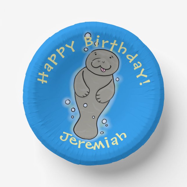 Cute baby manatee with bubbles illustration paper plate (Front)