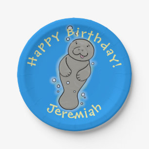Cute baby manatee with bubbles illustration paper plate