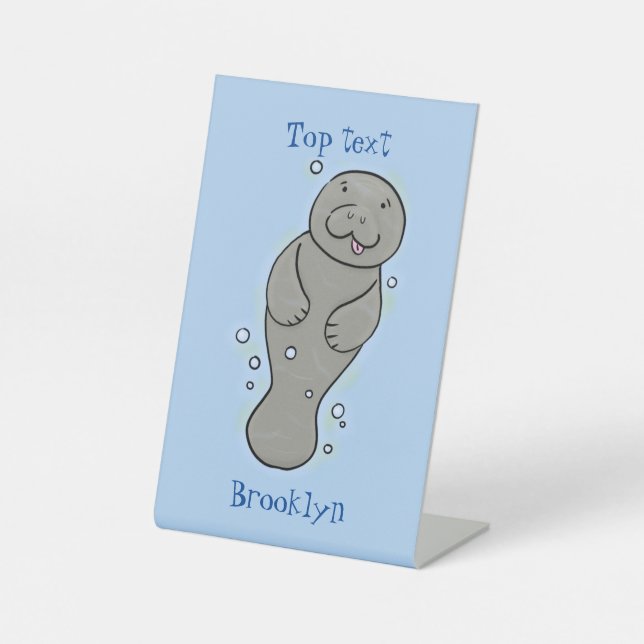 Cute baby manatee with bubbles illustration pedestal sign (Front)