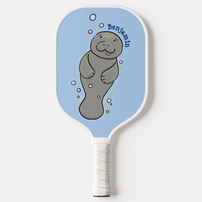 Cute baby manatee with bubbles illustration  pickleball paddle (Front)