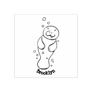 Cute baby manatee with bubbles illustration rubber stamp