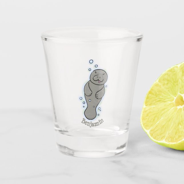 Cute baby manatee with bubbles illustration shot glass (Front)