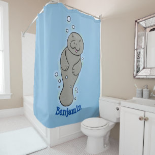 Cute baby manatee with bubbles illustration  shower curtain