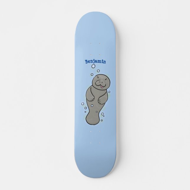 Cute baby manatee with bubbles illustration skateboard (Front)