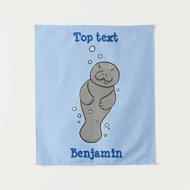 Cute baby manatee with bubbles illustration tapestry (Front)