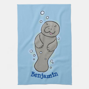 Cute baby manatee with bubbles illustration  tea towel