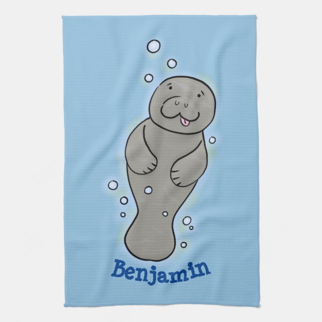 Cute baby manatee with bubbles illustration  tea towel (Vertical)