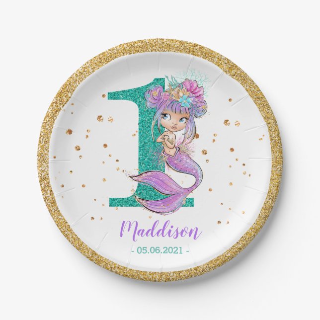 Cute Baby Mermaid 1st Birthday Paper Plate (Front)