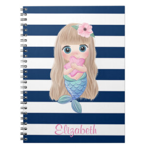 Cute Baby Mermaid Navy Blue Stripes Notebook